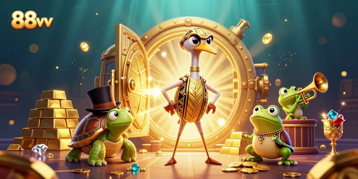 88vv showcases a vibrant casino scene with cartoon characters and dynamic treasures.