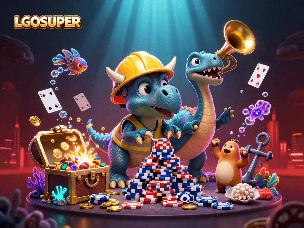 Engage with LGOSUPER's vibrant underwater casino scene featuring thrilling fish shooting game elements and celebratory characters.