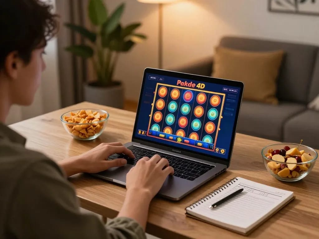 Engaging in online slot gameplay on Pakde4D during a cozy home session with snacks and strategy notes.