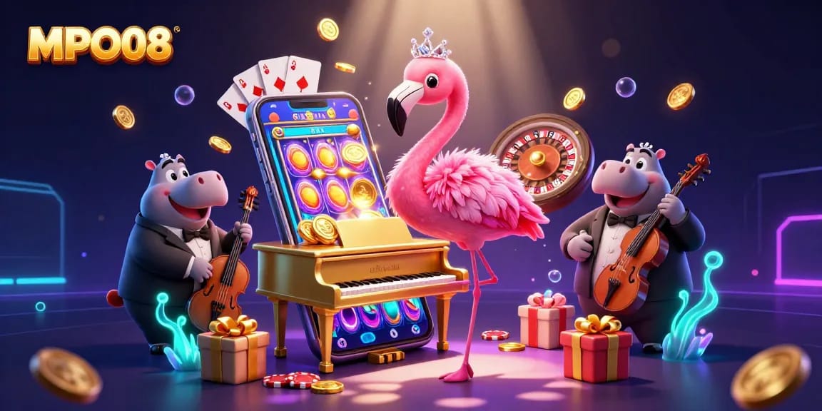 Experience the vibrant energy of MPO08 with animated casino elements and characters in a colorful casino scene.