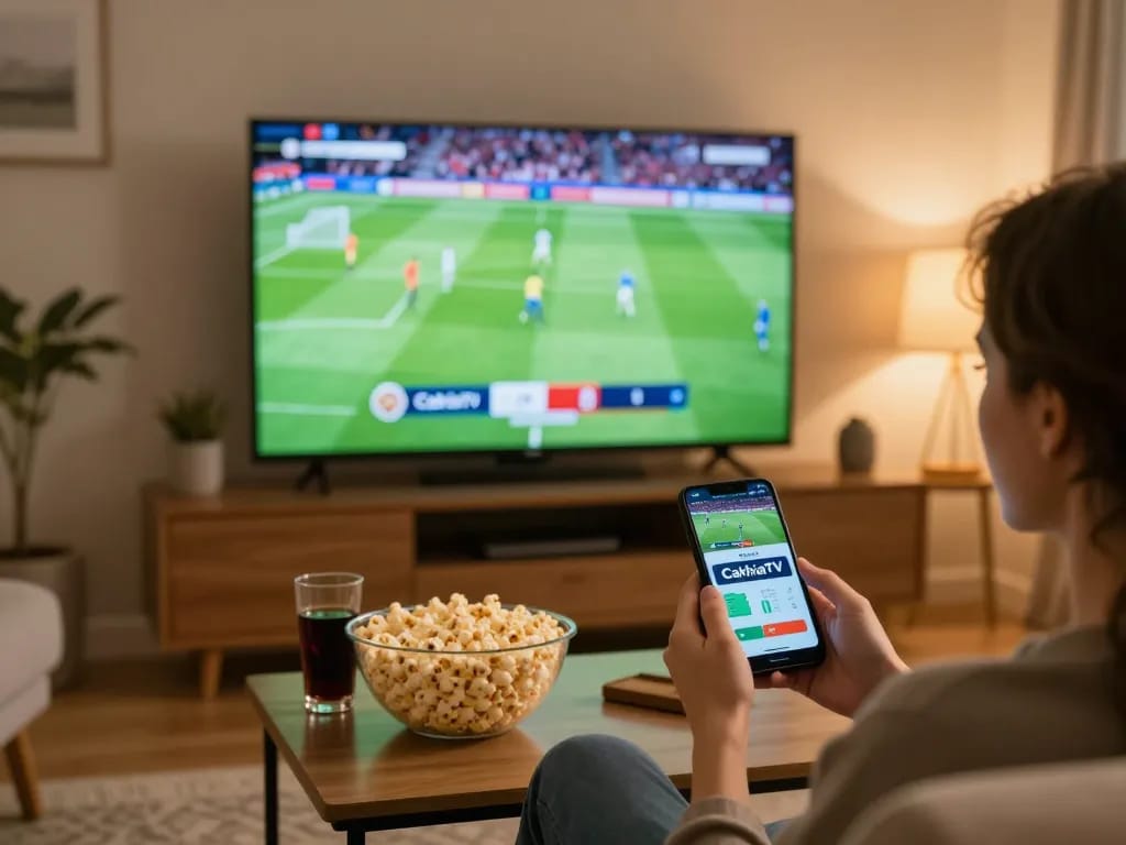 CakhiaTV viewer placing bets on smartphone while enjoying live football match