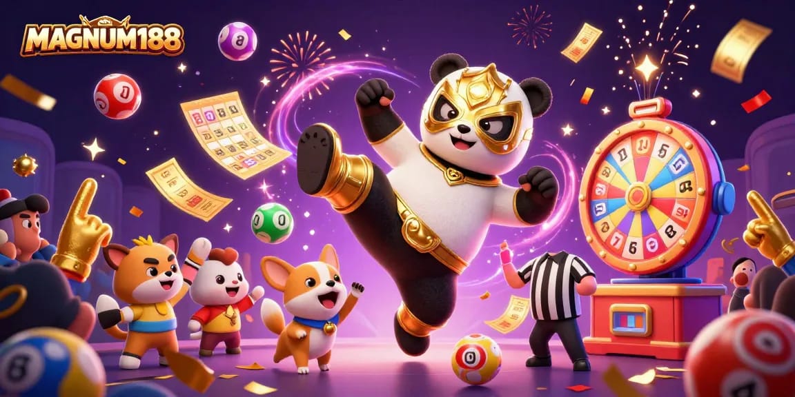 Experience thrilling moments with MAGNUM188 as the panda wrestler kicks in a vibrant lottery scene.