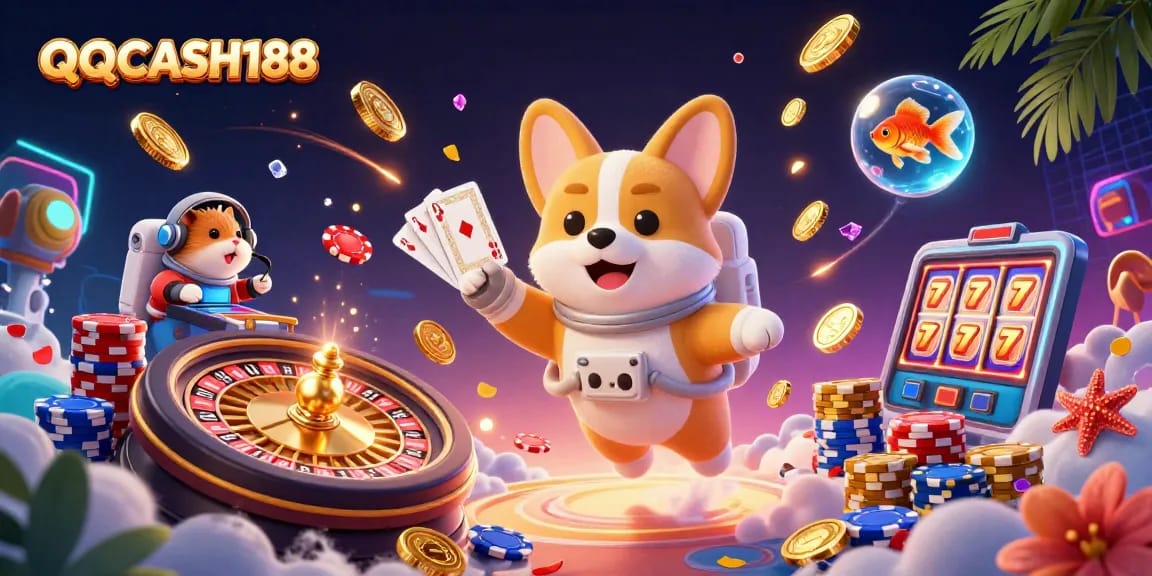 Experience thrilling games at QQCASH188 as an astronaut corgi navigates a vibrant casino environment filled with floating riches.