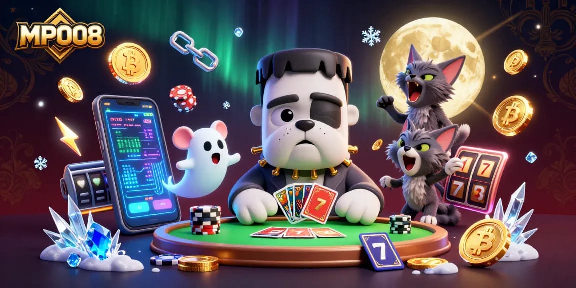 Join the excitement at MPO08 as a Frankenstein bulldog deals cards amidst slot reels and crypto elements.