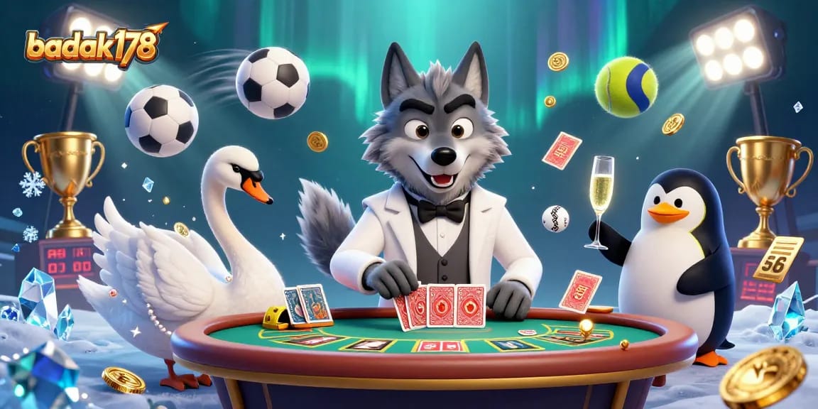 Experience luxury gaming with badak178 as a wolf, swan, and penguin engage in casino action.