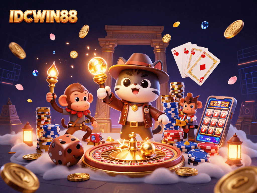 Play slots and win with the 3D scene of IDCWIN88 showcasing vibrant casino elements.