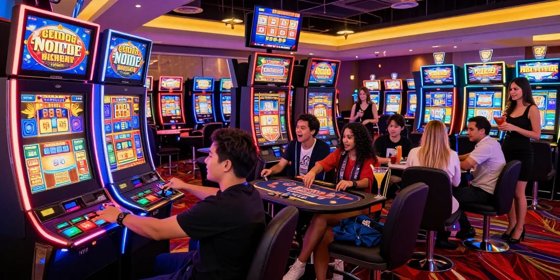 Exciting gaming scene at a casino featuring friends playing situs slot machines with vibrant lights and energetic atmosphere