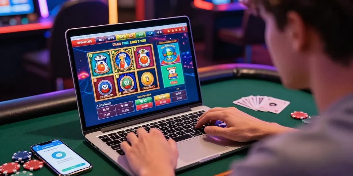 Die dynamische Umgebung eines Paysafe Card Casinos, in der ein Spieler mit Spielautomaten interagiert und die Paysafecard-App für Einzahlungen nutzt.