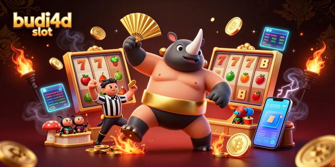 Engage with budi4d slot as a rhinoceros beetle champion and cricket referee in a dynamic gambling scene.