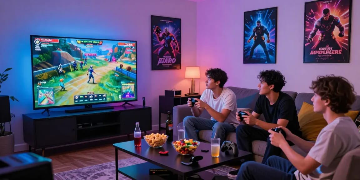Teman-teman bersemangat memainkan video game secara multiplayer, menciptakan suasana seru dalam permainan predict play.