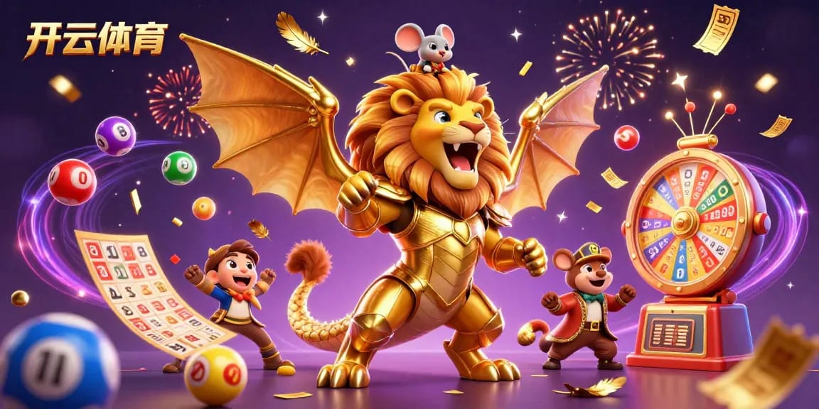 Experience dynamic gaming excitement with 开云体育 featuring a roaring chimera, vibrant lottery balls, and celebratory elements.