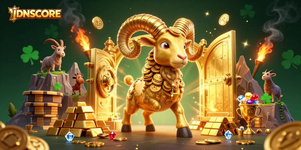 Experience thrilling gameplay with IDNSCORE's exciting golden ram and treasures in a rich casino scene