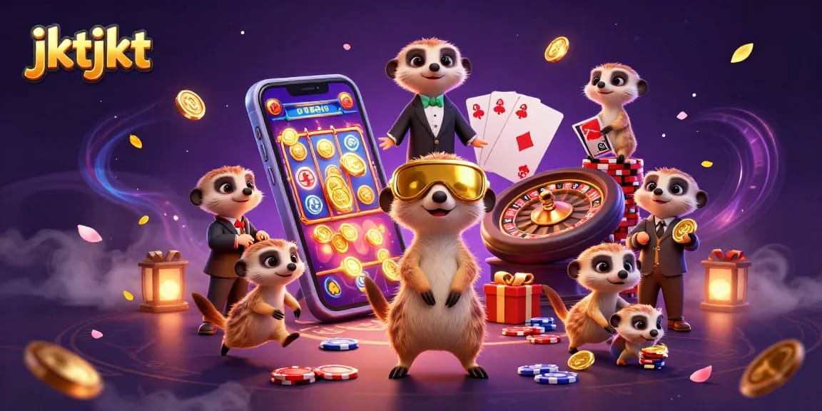 Visualisasi kasino oleh jktjkt dengan koloni meerkat yang energik dan permainan slot yang berwarna-warni.