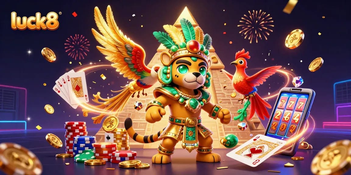 Experience excitement with luck8 as golden coins and cards swirl around a Mayan jaguar priest in a festive casino scene.