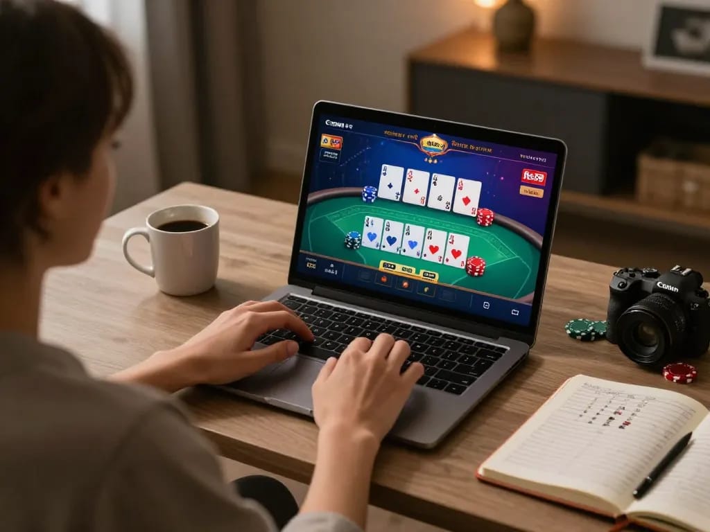 Player engaging with live casino game on fb88 using laptop at cozy home desk, focusing on strategy.