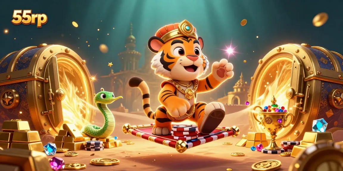 Win big at 55rp with vibrant casino-themed illustration filled with treasures and games.