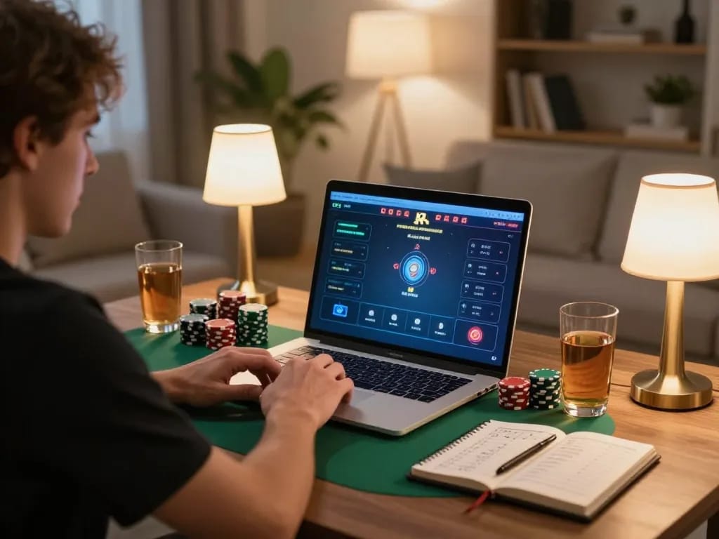 Engaging online poker session with MMOO COM, showcasing a strategic setup among chips and drinks.
