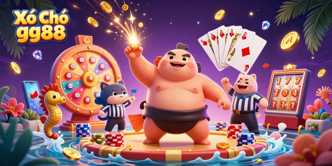 Xổ Số gg88 showcases vibrant lottery excitement with animated characters and dynamic casino elements.