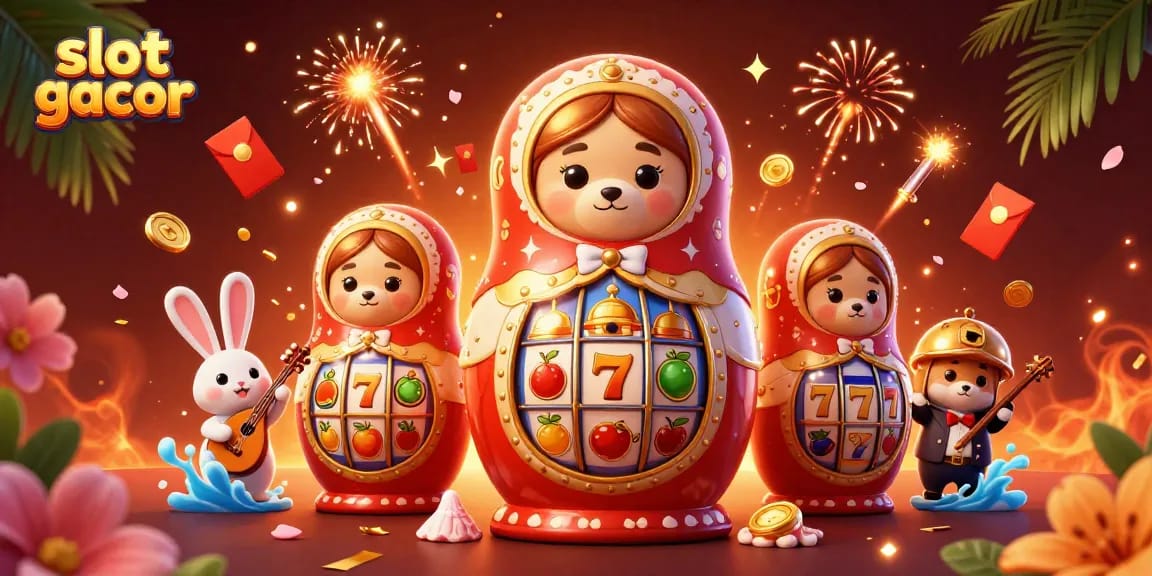 Slot gacor dengan karakter dan elemen kasino menyenangkan dalam ilustrasi 3D yang kaya warna.