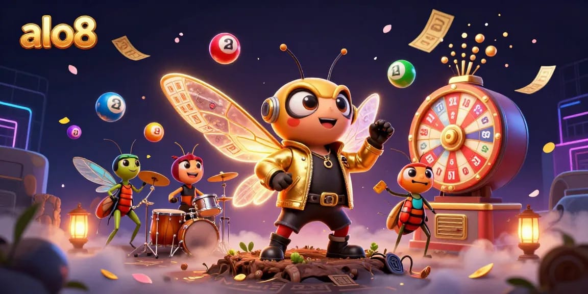 Win big at alo8 with a vibrant 3D casino scene featuring a rock star cicada and exciting game elements.