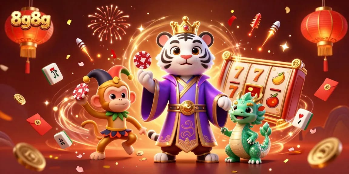 Engage with 8g8g's casino world through a vibrant 3D illustration of a white tiger, monkey, and dragon.