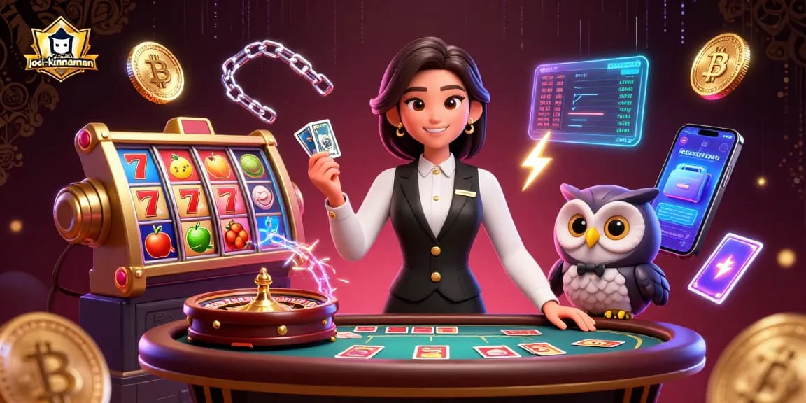 Experience the excitement of joel-kinnaman-inspired casino games with dynamic illustrations of dealers and vibrant slots.