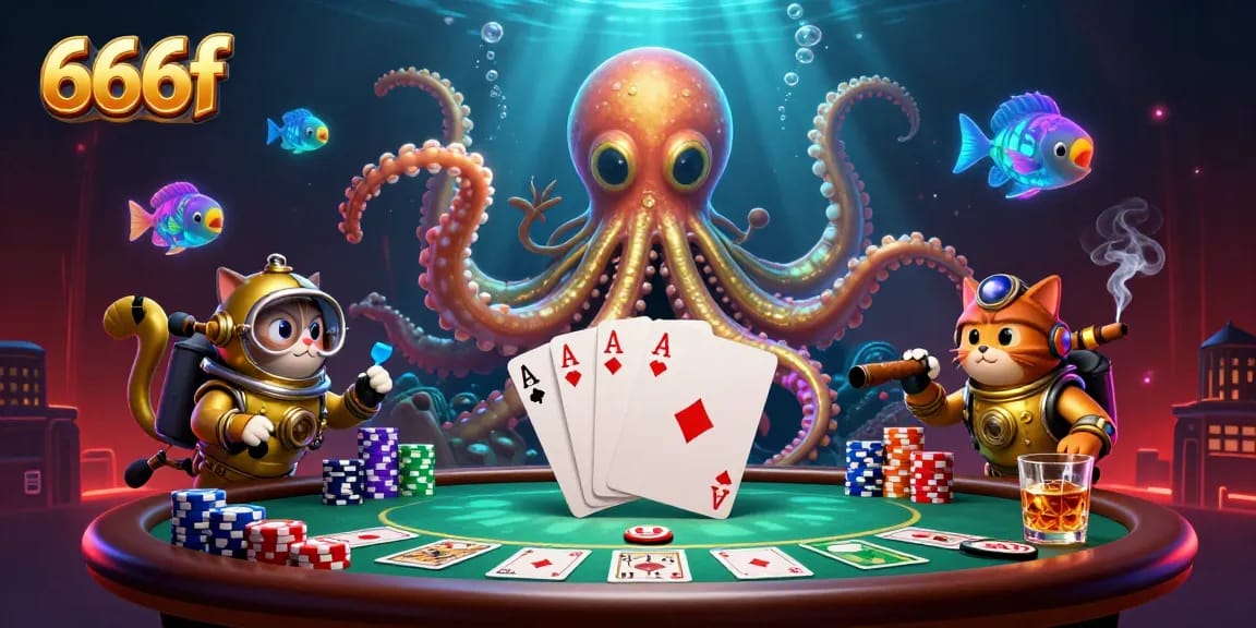 Play exciting games at 666f, featuring a kraken, diving cat, and vibrant poker scene.