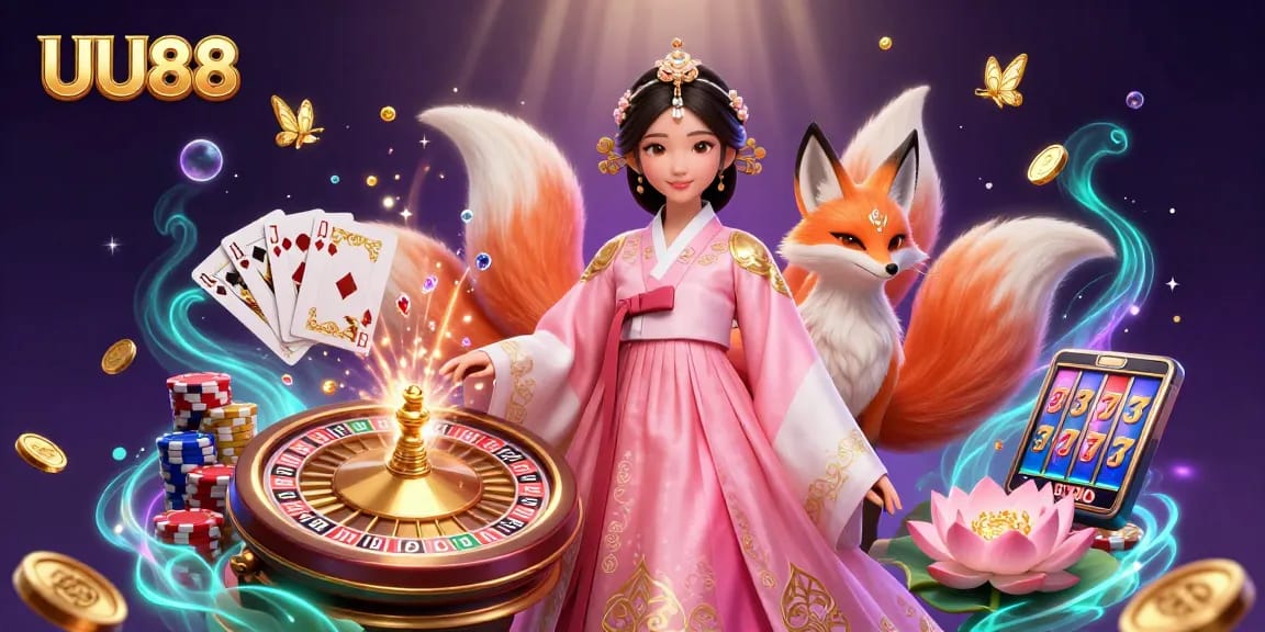 Experience exciting gameplay at UU88 with a vibrant scene showcasing a lady in hanbok, golden coins, and a lucky fox.