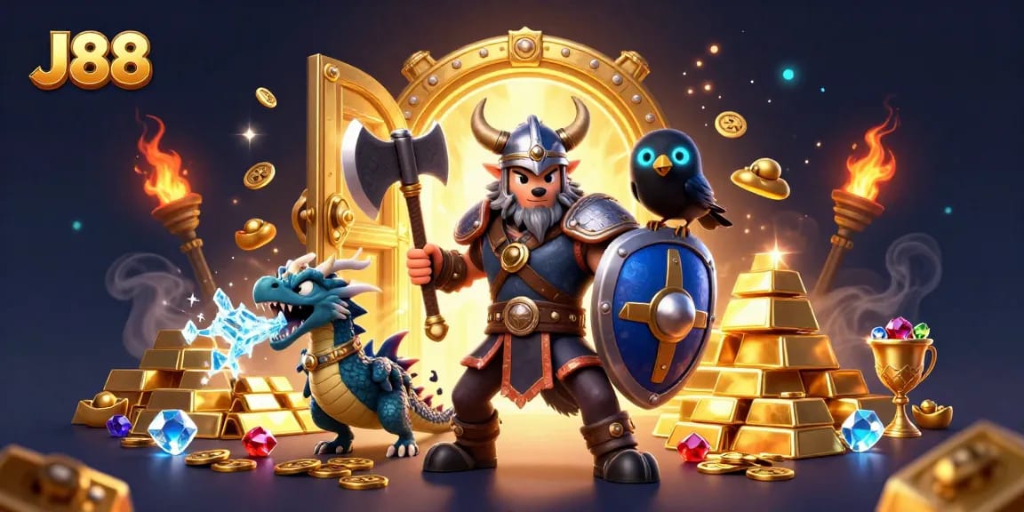 Experience the thrill of J88 with dynamic 3D casino art featuring a Viking wolf warrior.