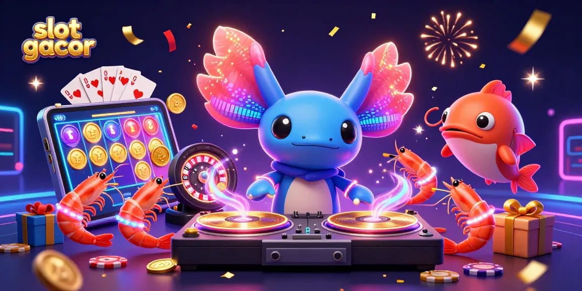 Spin the reels with slot gacor as a vibrant axolotl DJ and friends celebrate in an underwater casino party.