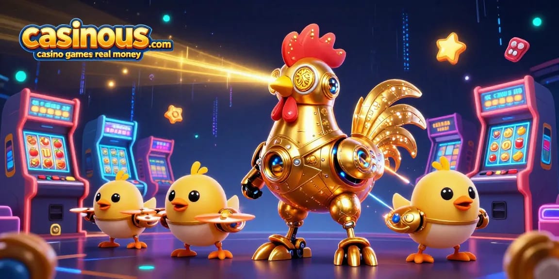 Engage in casinous.com casino games real money with a golden rooster robot and baby chick drones.