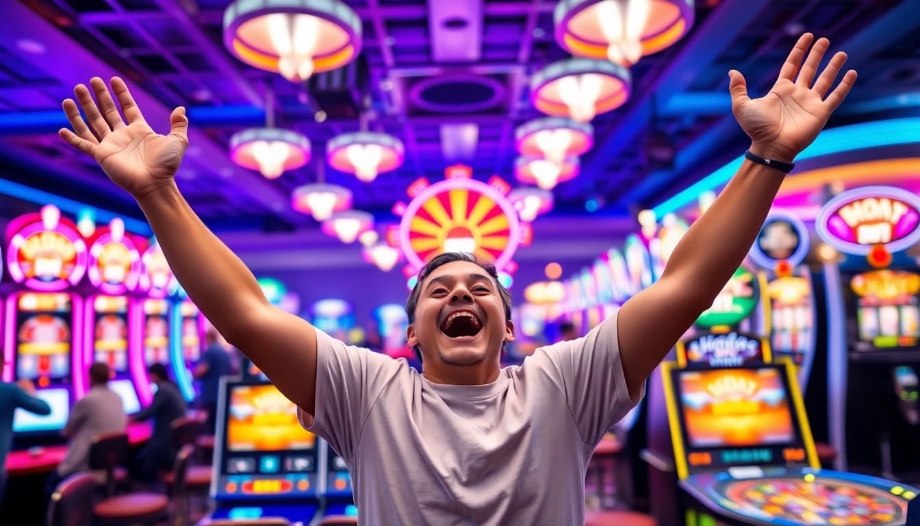 Slot gacor dengan pemain beruntung merayakan kemenangan di kasino yang ramai.