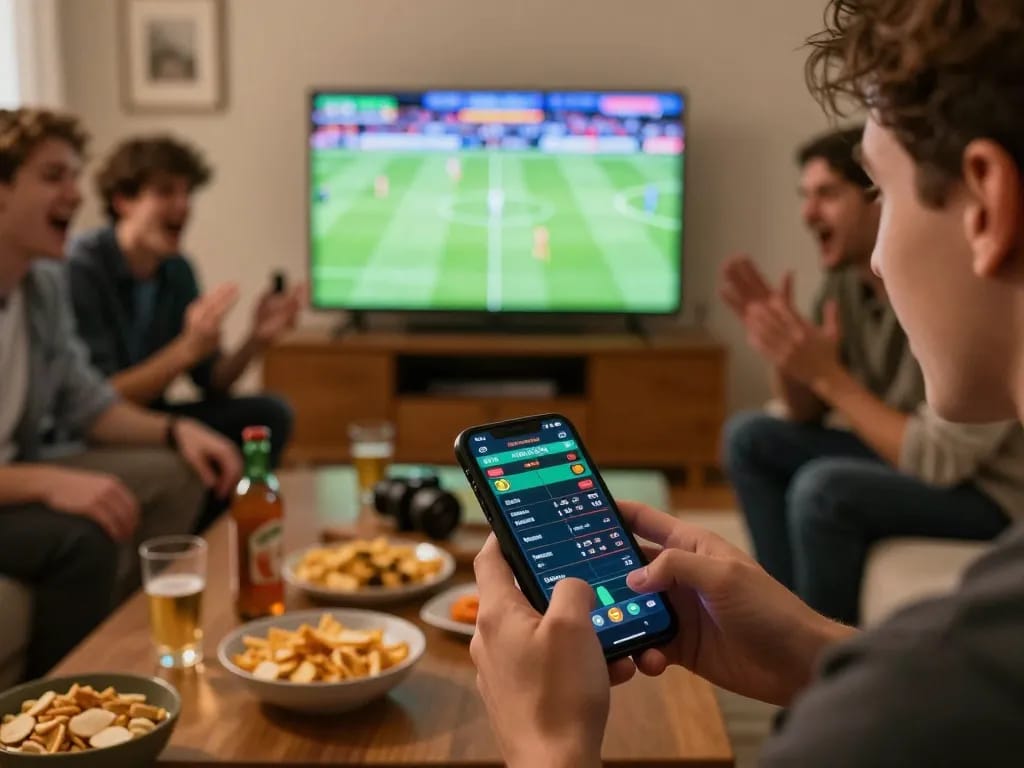 Alo8 user placing a sports bet using a smartphone during a live match with friends.