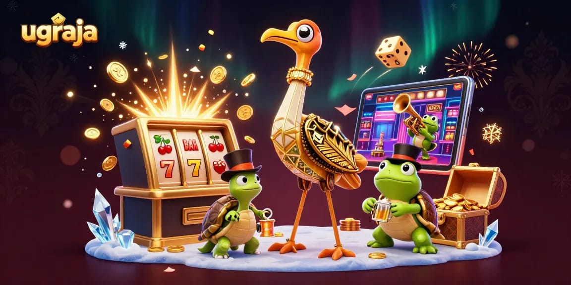 Permainan slot online di UGRAJA dengan harta karun dan simbol menarik lainnya.