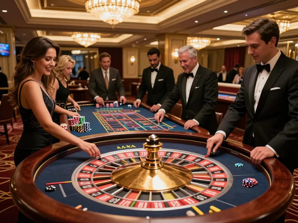 Experience fabet excitement at a luxury roulette table with players betting and a croupier spinning the wheel