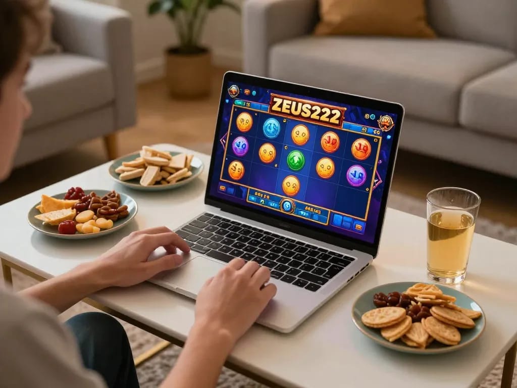 Engaged player enjoying ZEUS222 slot game on laptop, cozy home atmosphere.