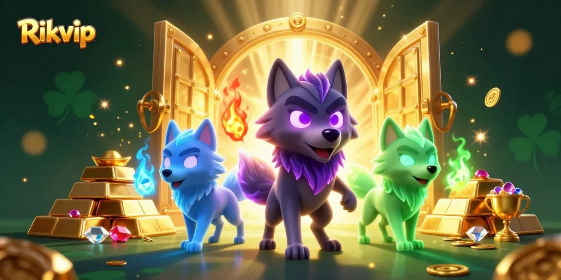 Experience Rikvip's thrilling energy with mystical wolves and sparkling treasures in an engaging casino scene.