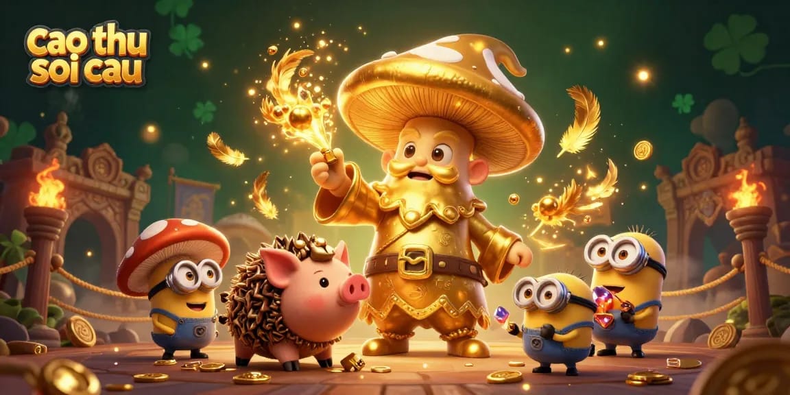 Engage in winning strategies with cao thu soi cau featuring a golden mushroom wizard and treasure-finding pig