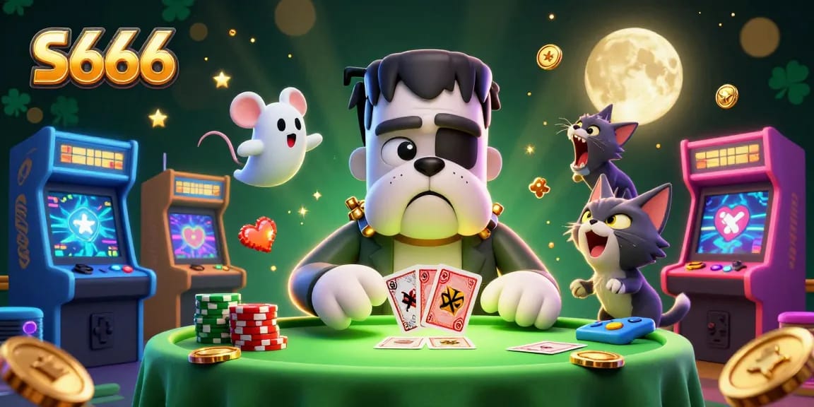 S666 shows a Frankenstein bulldog dealing cards while a ghost mouse and a werewolf kitten create a lively casino scene.