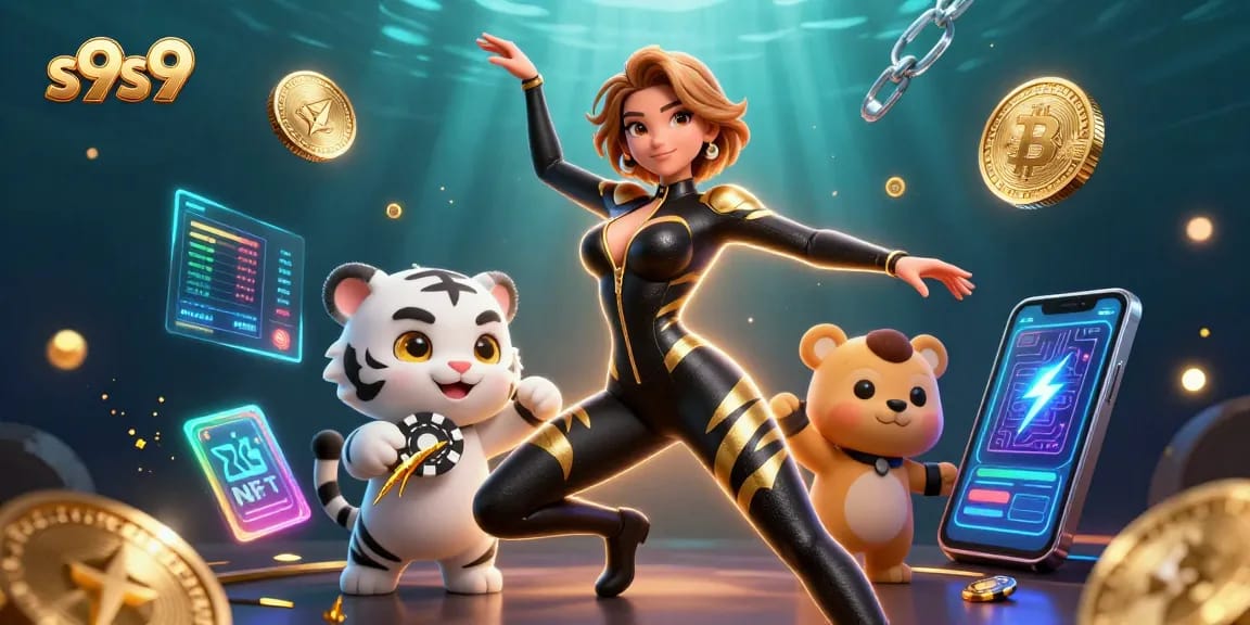 Experience the excitement of s9s9 with a dynamic 3D casino scene featuring vibrant characters and crypto elements.
