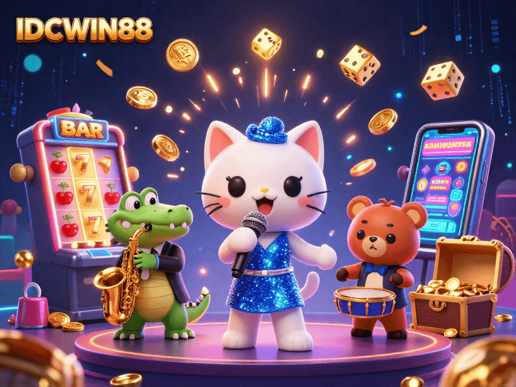 Experience thrilling gameplay at IDCWIN88 with animated characters and exciting slot machine action.
