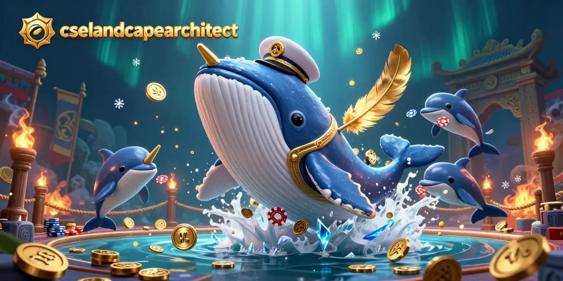 cselandscapearchitect showcases casino excitement with a vibrant whale amidst a sea of coins.