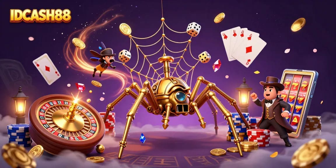 Experience the thrill of gambling with IDCASH88 in a vibrant 3D casino scene featuring a steampunk spider.