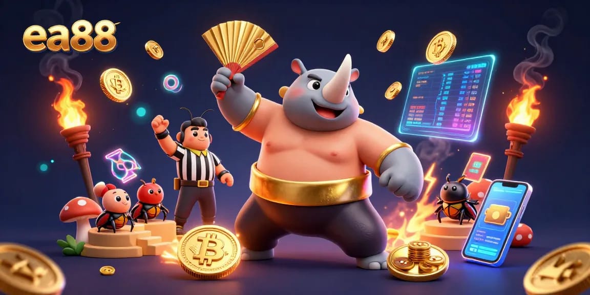 Engage with ea88's thrilling sumo-inspired crypto casino action featuring vibrant beetles and dynamic elements.