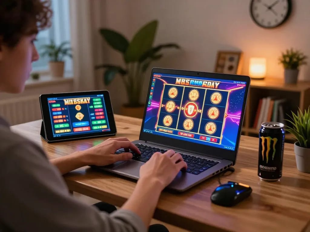Sesi permainan online yang menarik di situs anti rungkad yang menampilkan grafik slot berwarna-warni dan suasana yang nyaman.