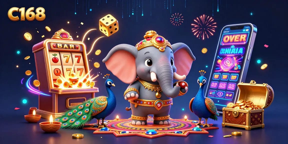C168 showcases a vibrant 3D casino scene featuring an elephant and symbols of winning slots.