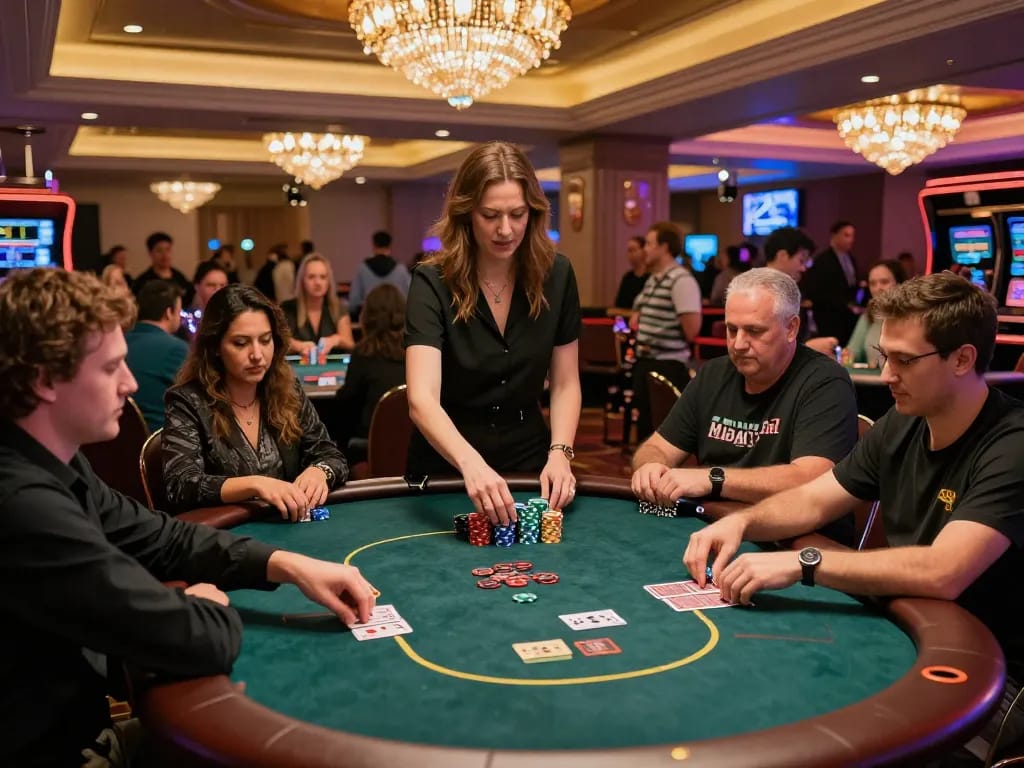 Players compete in poker at a lively casino, showcasing their strategies with rokok88 action on the table.