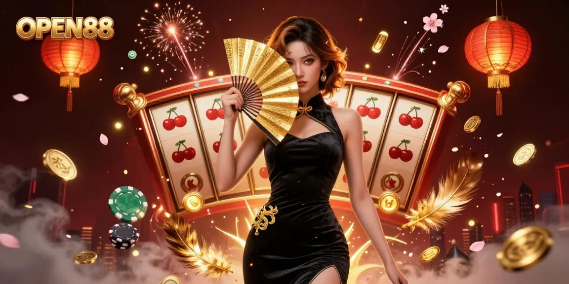 Spin to win at OPEN88 with vibrant slot reels and an elegant theme, illuminated by festive elements.