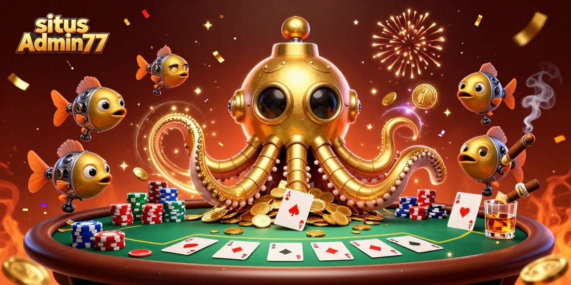 Experience the thrill of winning at situs Admin77 with an engaging casino scene featuring a golden kraken submarine.