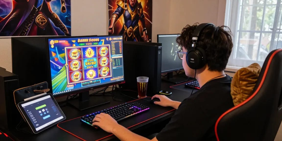 Player enjoying thrilling slot gacor game on modern setup with vibrant graphics and lively atmosphere